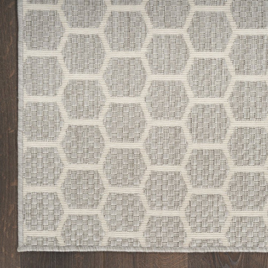 8' Gray And Ivory Geometric Indoor Outdoor Runner Rug