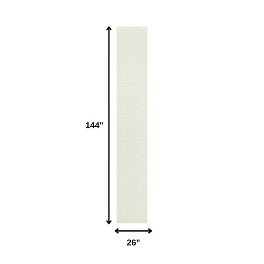 12' Ivory And White Geometric Indoor Outdoor Runner Rug
