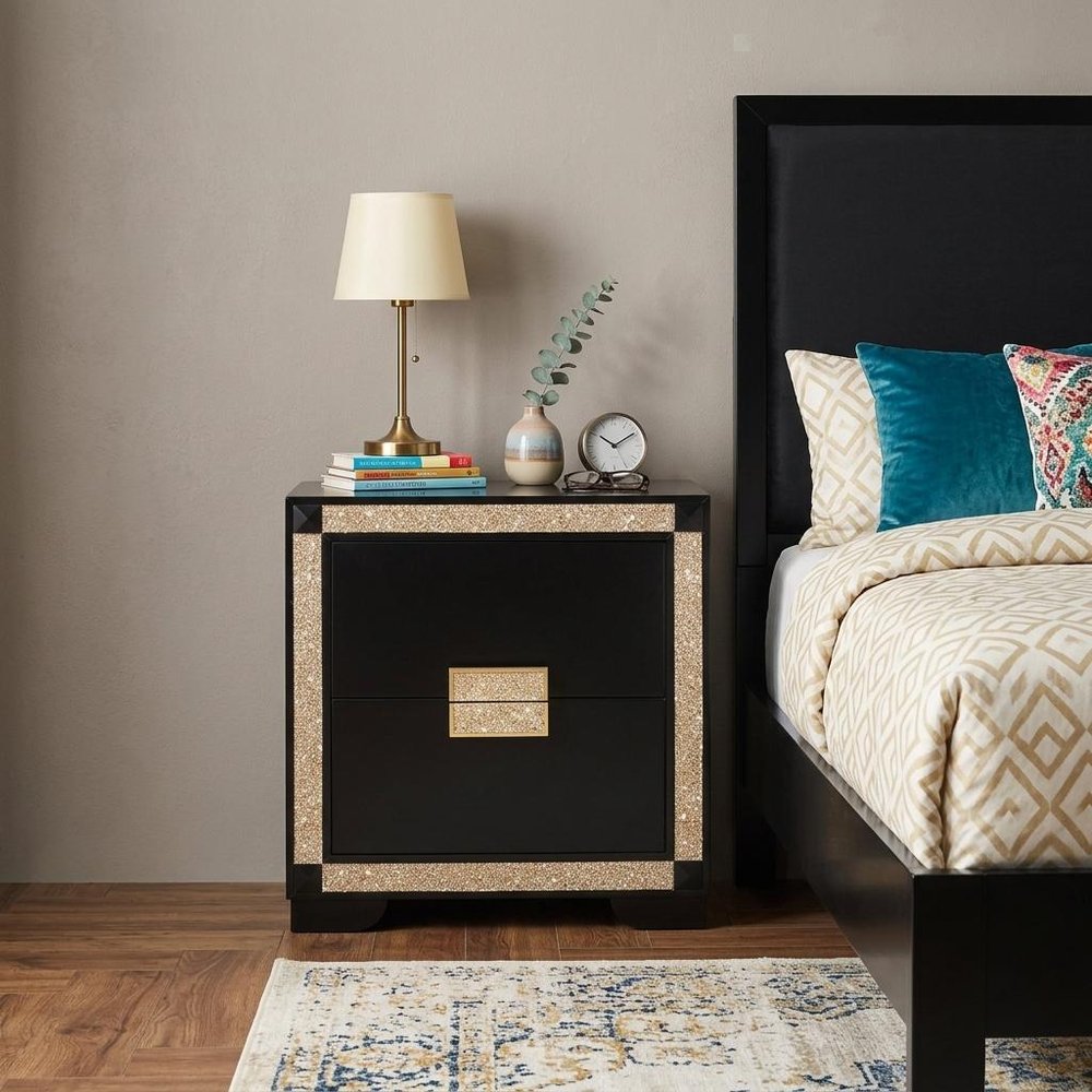 26" Black and Gold Two Drawer Faux Crystal Bling Wood Nightstand HomeRoots