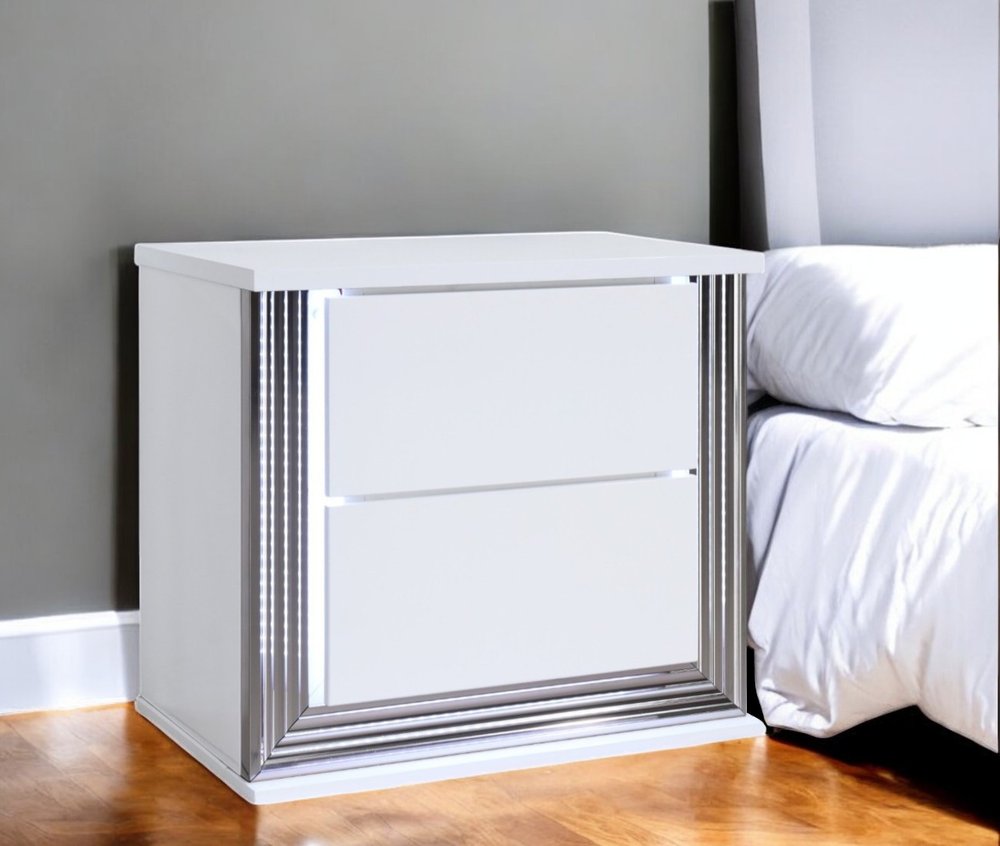 25" White Solid and Manufactured Wood Lighted Two Drawer Nightstand HomeRoots