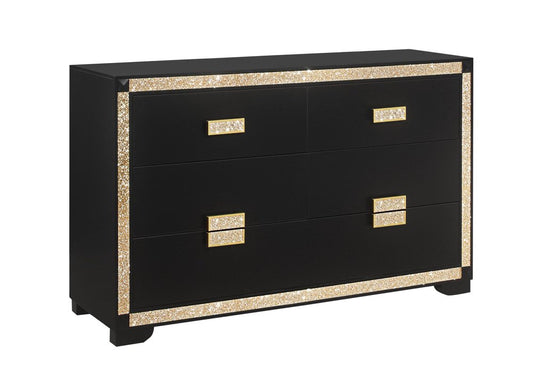 62" Black And Gold Faux Crystal Bling Wood Six Drawer Double Dresser