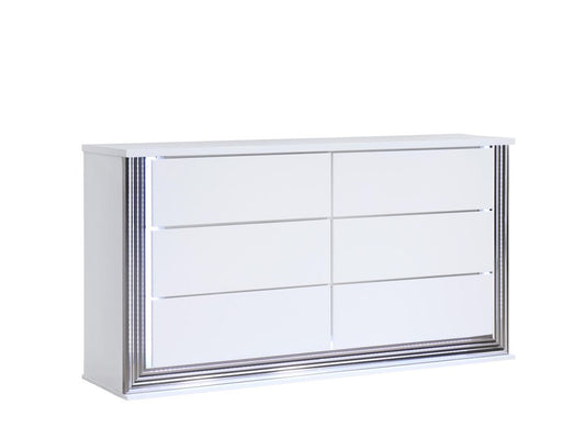 61" White Wood Lighted Six Drawer Double Dresser