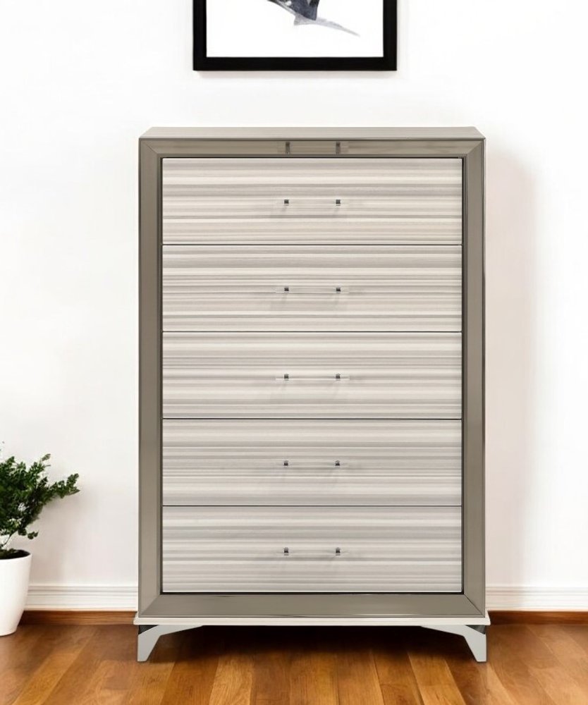 35" White And Silver Wood Five Drawer Dresser