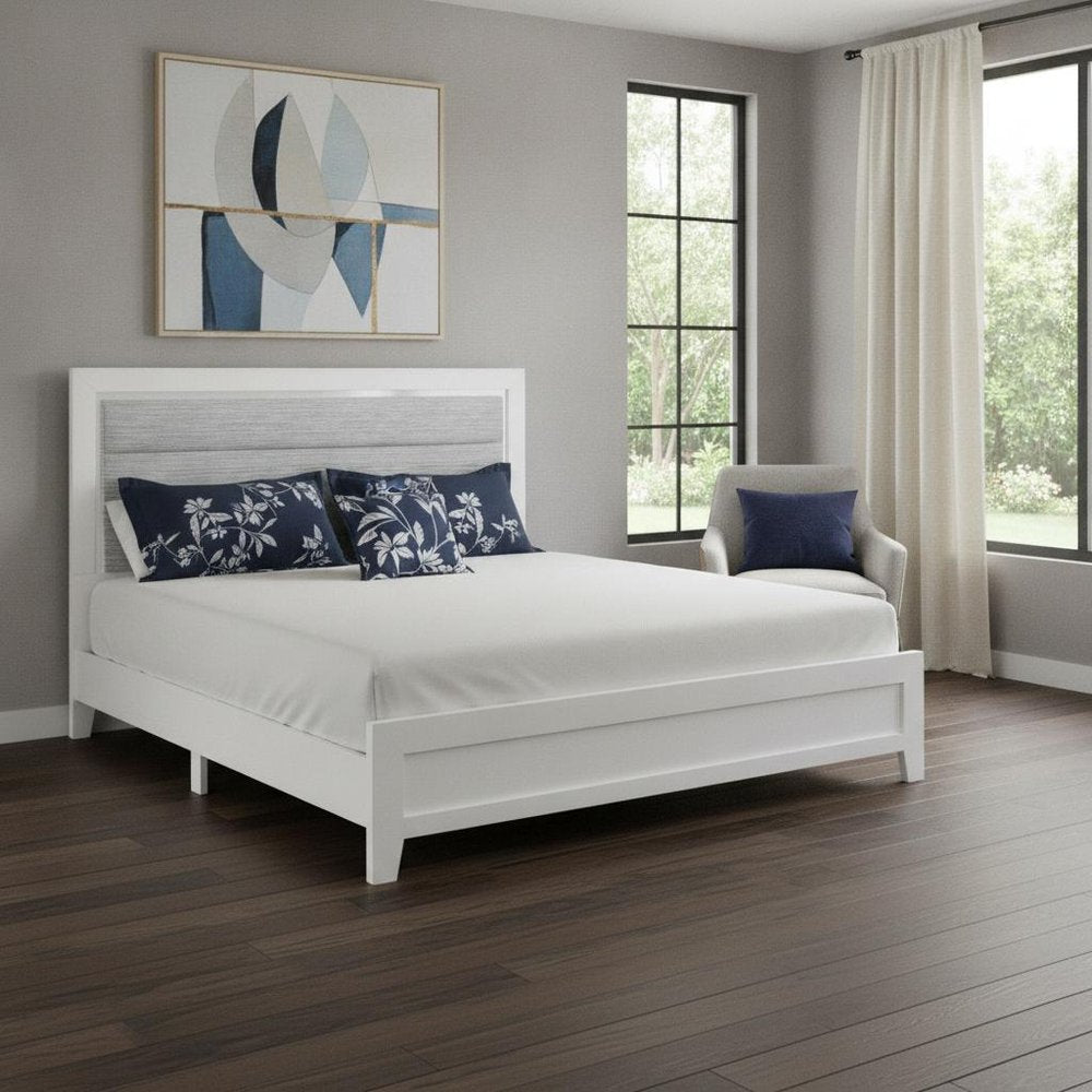 White and Light Gray Ribbed Texture Wood And Upholstery Lighted Full Bed Frame HomeRoots