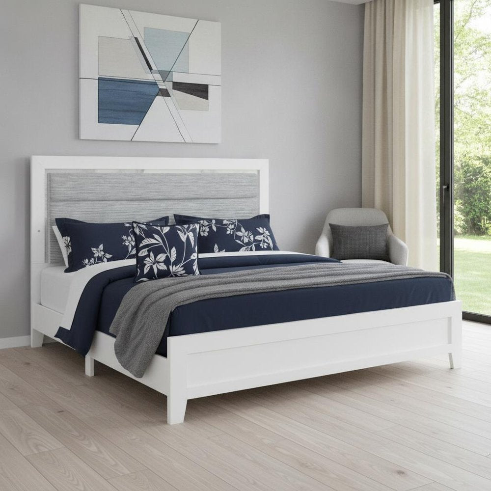 White and Light Gray Ribbed Texture Wood And Upholstery Lighted Queen Bed Frame HomeRoots