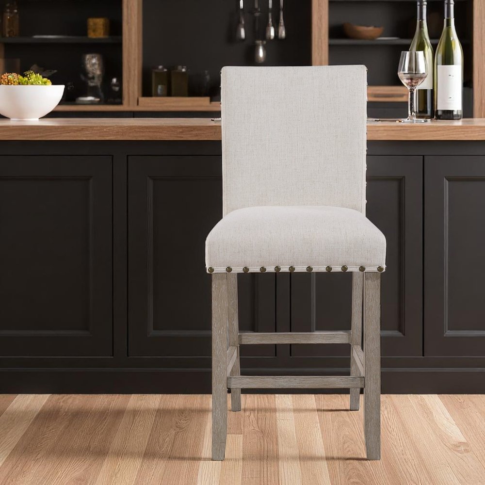 26" White And Natural Fabric And Wood Counter Height Bar Chair HomeRoots