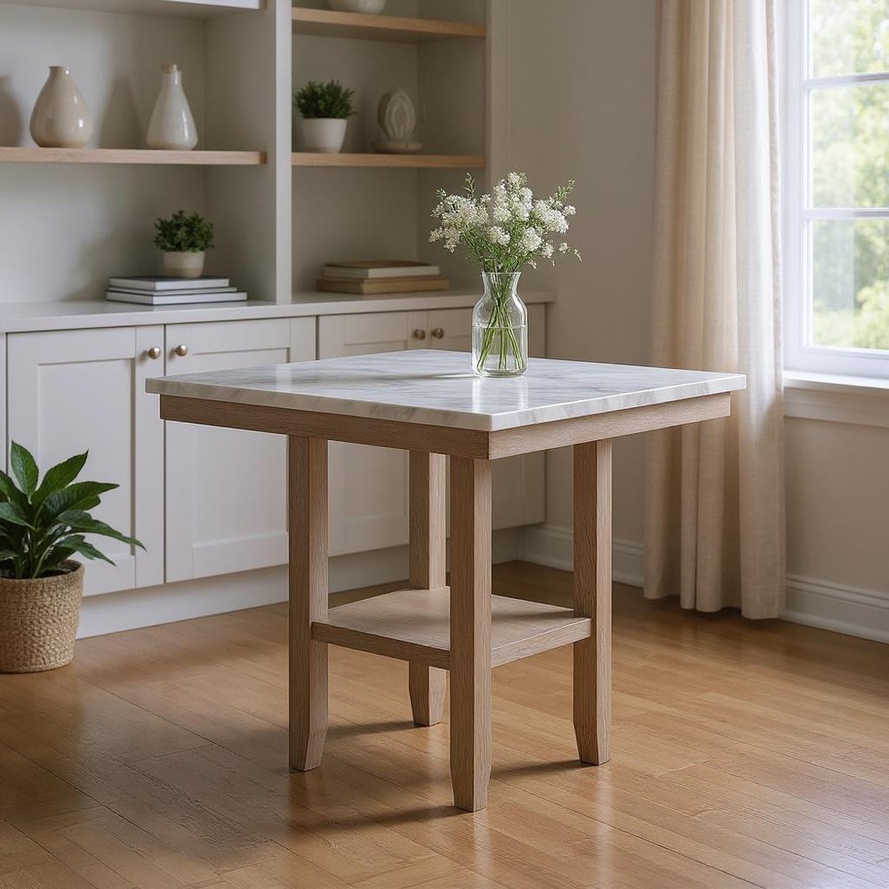 42" White and Natural Faux Marble and Wood Square Bar Table HomeRoots
