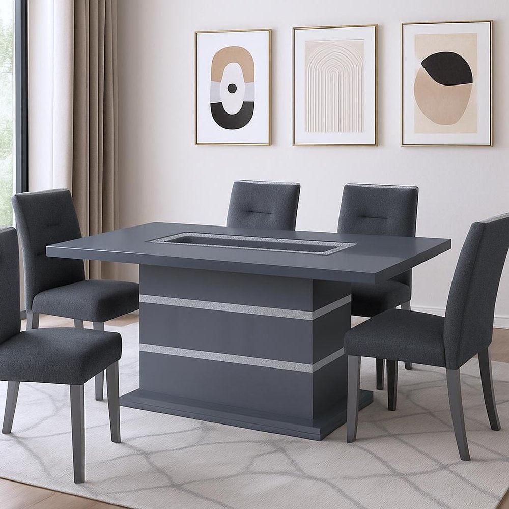 79" Dark Gray Faux Crystals Glass and Wood Pedestal Base Dining Table HomeRoots
