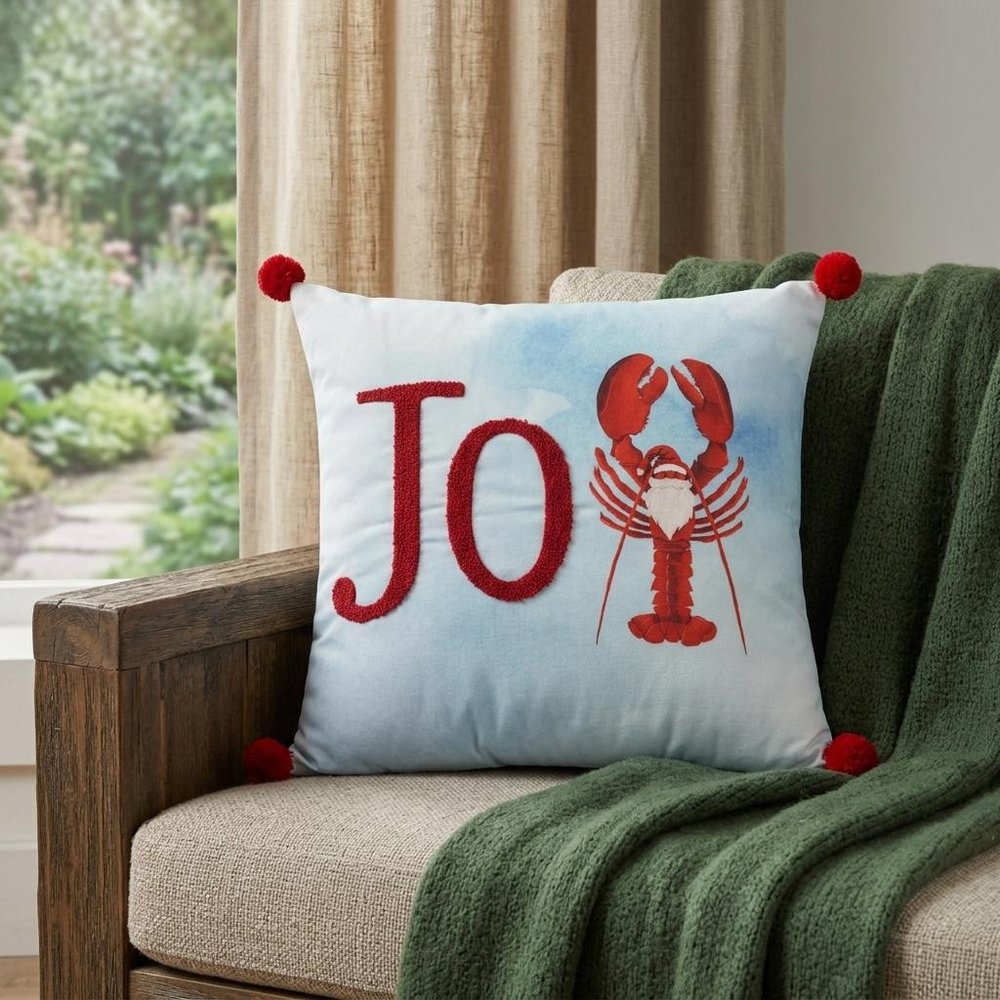 18" Blue White And Red Lobster Joy Throw Pillow with Embroidery