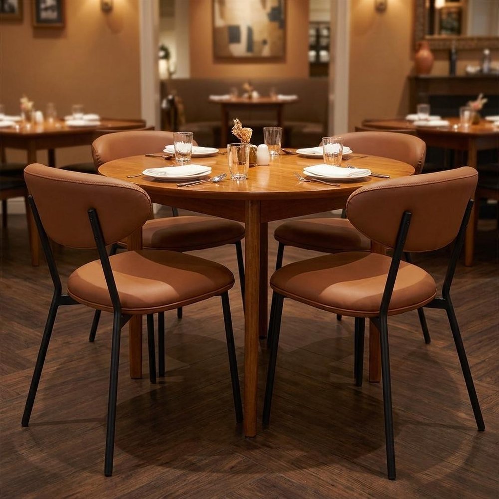 Set of Two Brown And Black Faux Leather And Wood And Steel Open Back Dining Side Chairs HomeRoots