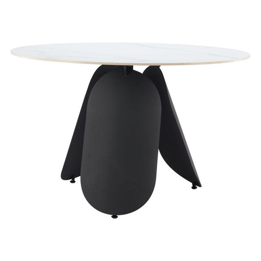 48" White and Black Faux Marble and Steel Pedestal Base Round Top Dining Table HomeRoots
