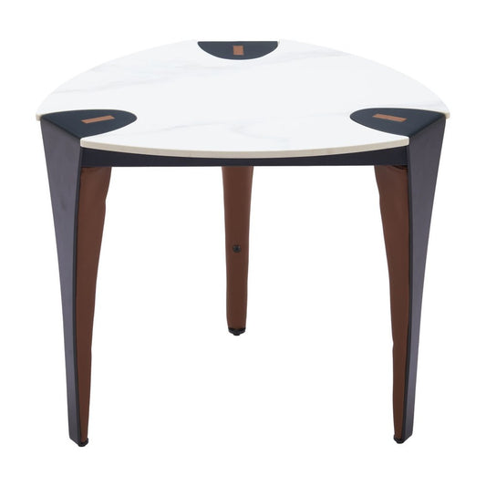 20" White Black and Brown Faux Marble and Steel Triangular End Table