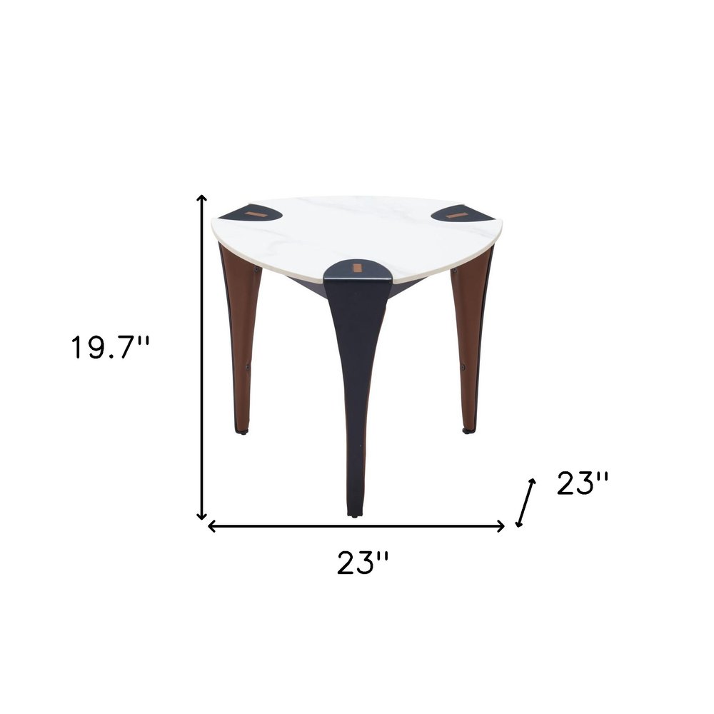 20" White Black and Brown Faux Marble and Steel Triangular End Table HomeRoots