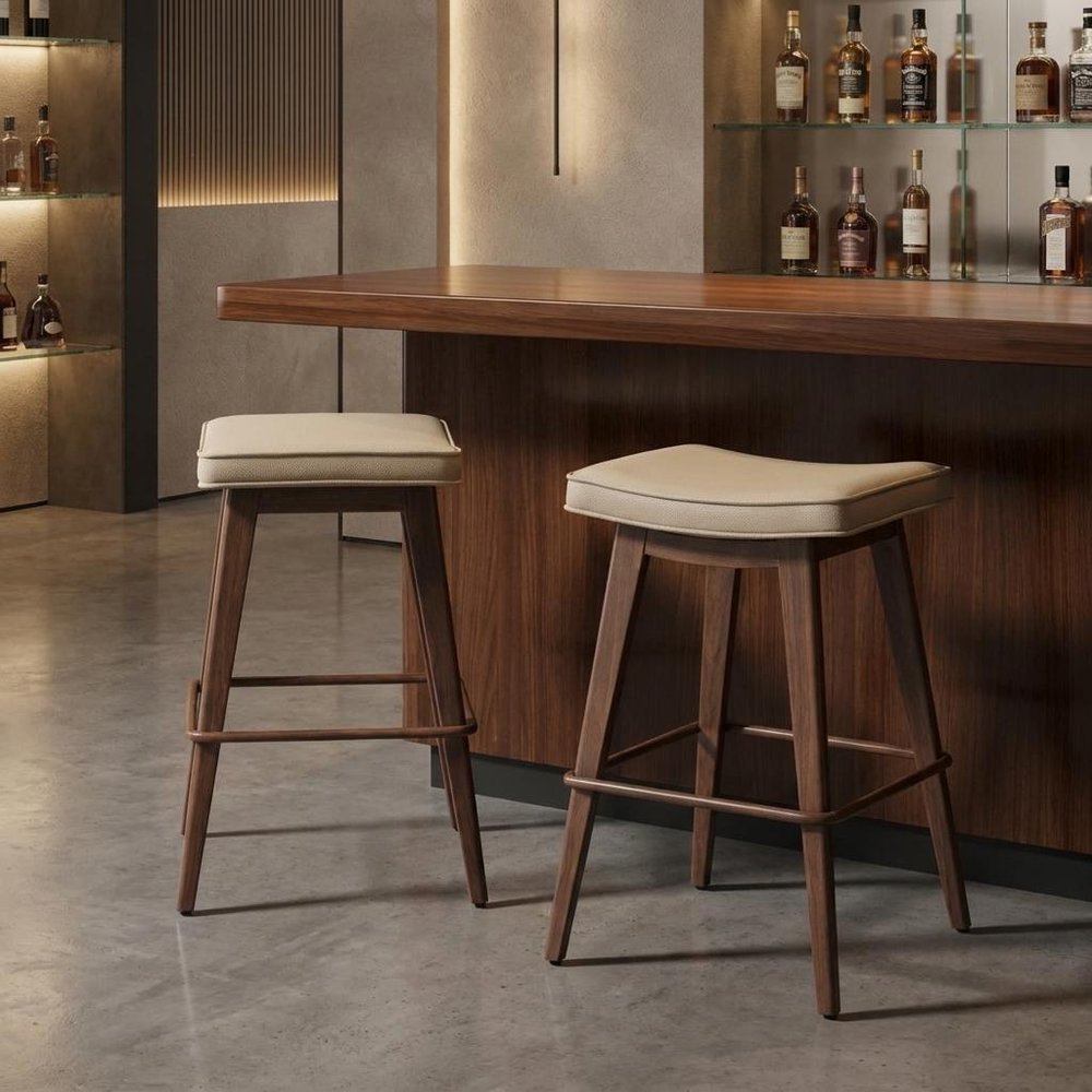 Set of Two 27" Beige And Walnut Faux Leather And Steel Backless Counter Height Bar Chairs HomeRoots