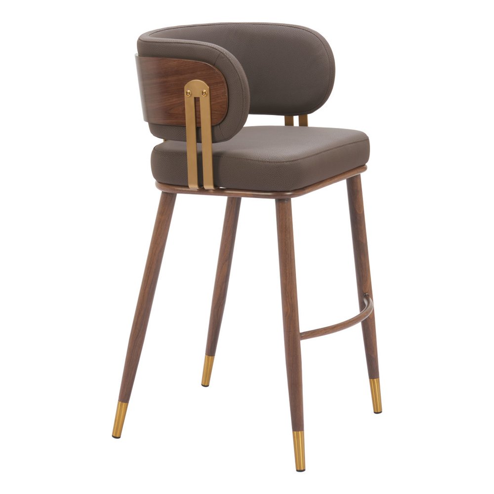 30" Brown Gold And Walnut Faux Leather And Steel Low Back Bar Height Bar Chair HomeRoots
