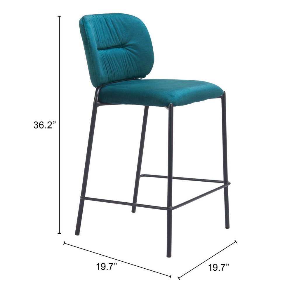 Set of Two 25" Green and Black Velvet and Steel Counter Height Bar Chairs HomeRoots