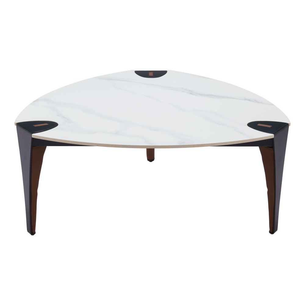 36" White and Black Sintered Stone Faux Leather And Steel Triangle Coffee Table HomeRoots