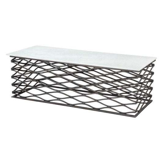 50" White and Antiqued Bronze Genuine Marble and Aluminum Abstract Coffee Table HomeRoots