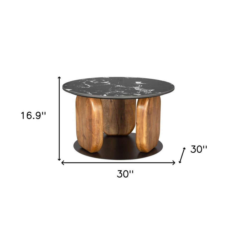30" Black and Brown Genuine Marble Marble and Solid Wood Round Coffee Table HomeRoots