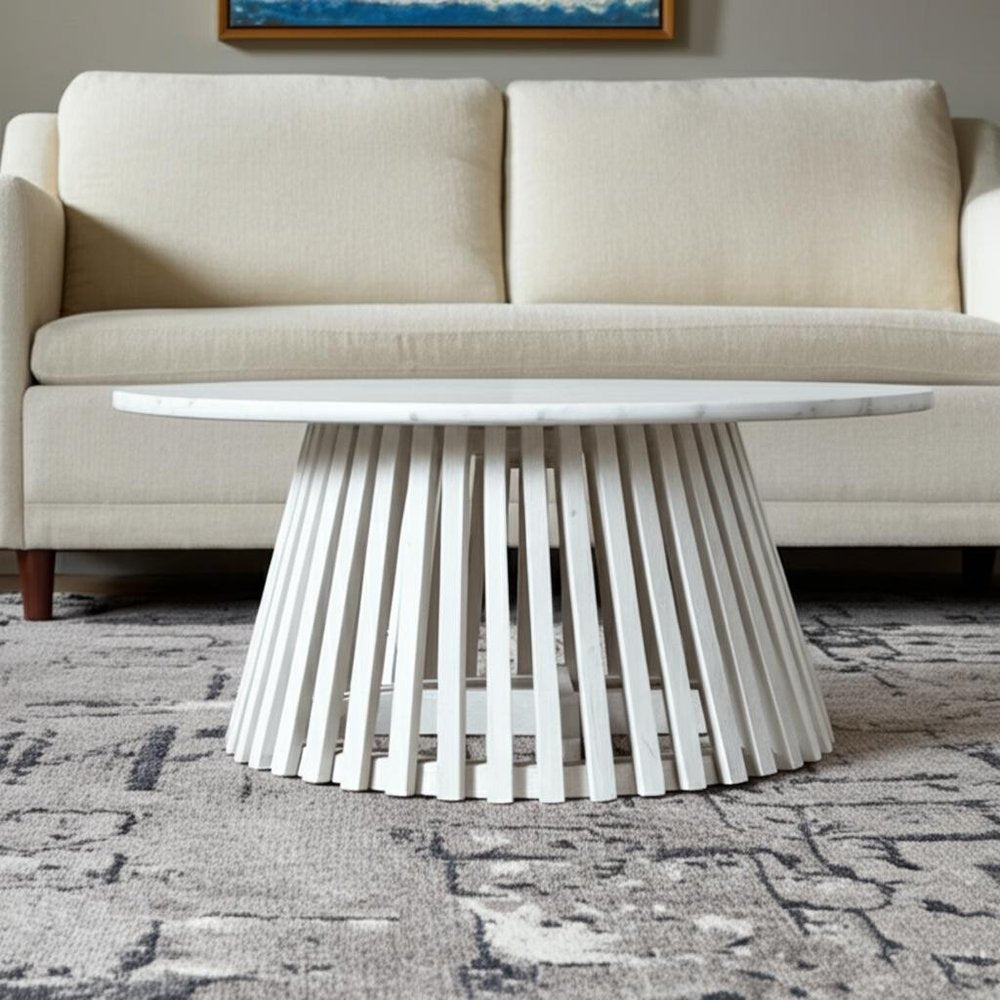 32" White and Natural Genuine Marble and Solid Wood Round Drum Coffee Table HomeRoots