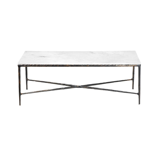 28" White And Brown Genuine Marble And Aluminum Metal Coffee Table