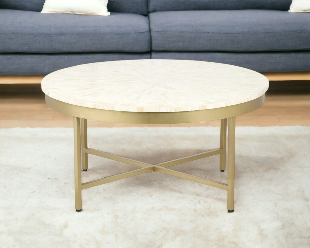 18" Ivory And Gold Wood And Steel Round Coffee Table HomeRoots