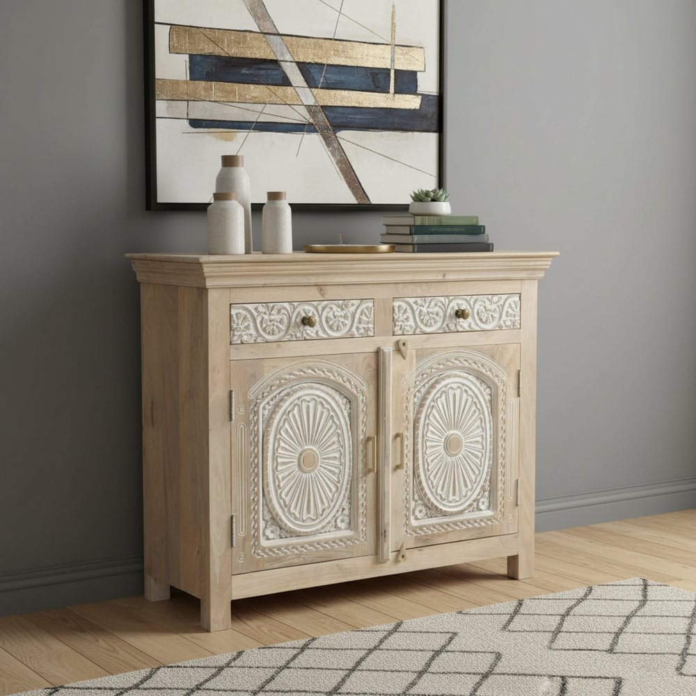 46" White Distressed Solid Wood Carved Scrollwork Two Drawer Sideboard With Two Doors HomeRoots