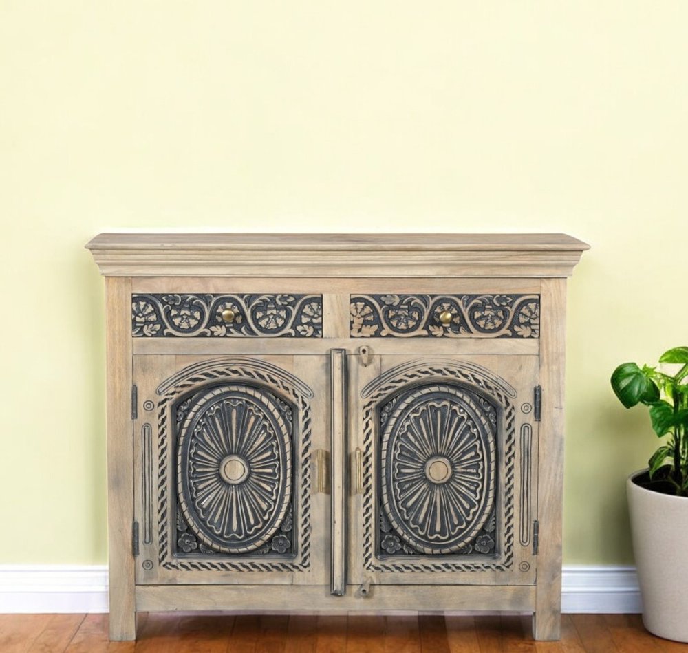 46" Beige And Black Distressed Solid Wood Carved Floral Two Drawer Sideboard With Two Doors