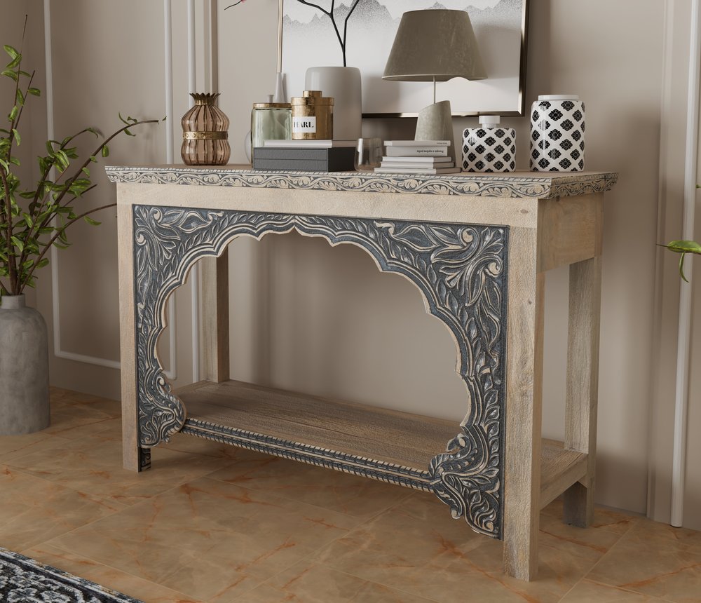 56" Natural and Black Solid Wood Distressed Console Table With Shelf HomeRoots