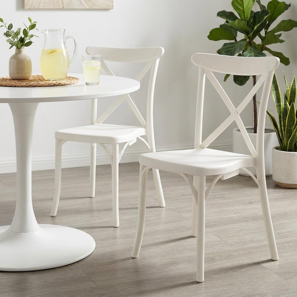 Set of Two White Heavy Duty Plastic Outdoor Stacking Dining Chairs HomeRoots