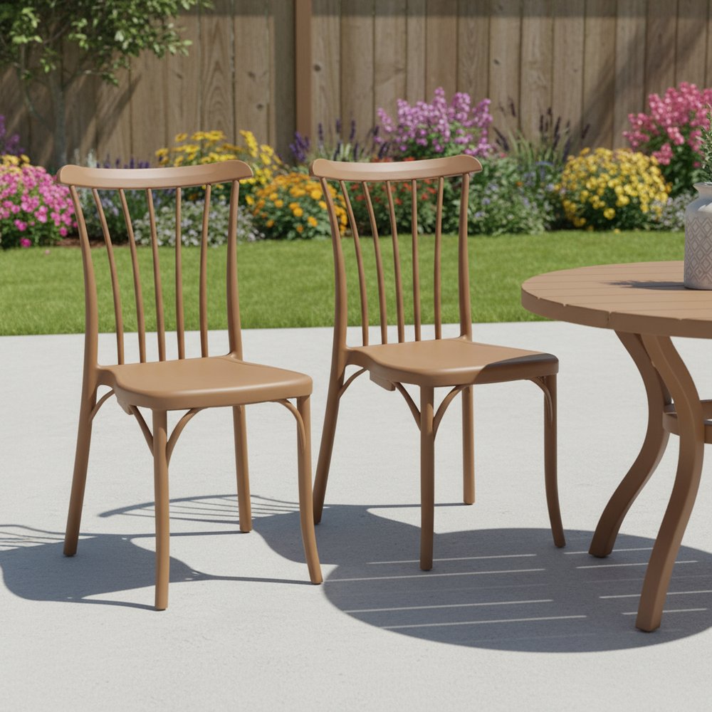Set of Two Tan and Natural Heavy Duty Plastic Slat Back Dining Side Chairs HomeRoots