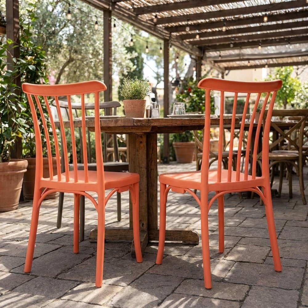 Set of Two Salmon Heavy Duty Plastic Outdoor Stacking Dining Chairs HomeRoots