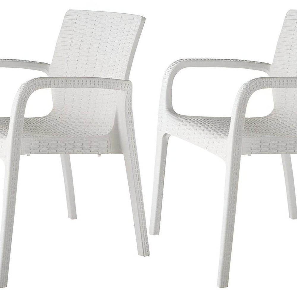 Set of Two White Faux Rattan Heavy Duty Plastic Outdoor Stacking Arm Chairs