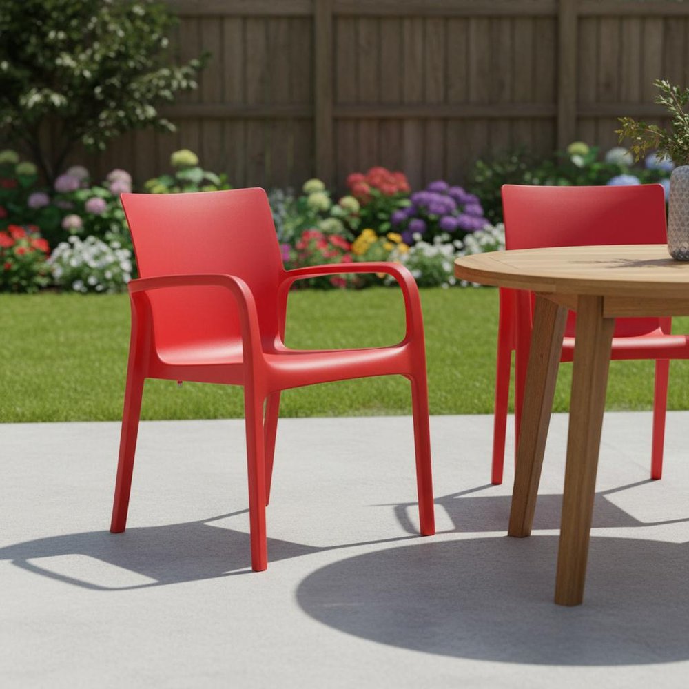 Set of Two Red Heavy Duty Plastic Outdoor Stacking Dining Chairs HomeRoots