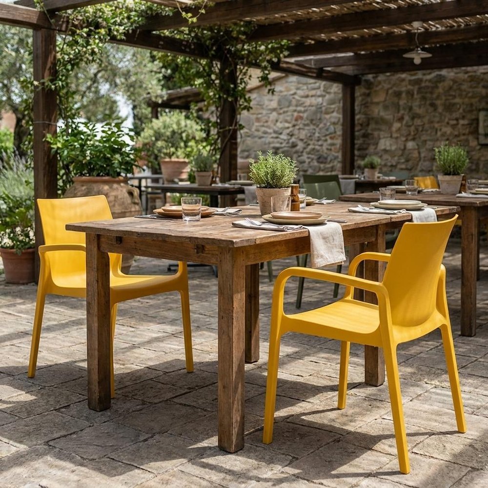 Set of Two Gold Heavy Duty Plastic Outdoor Stacking Dining Chairs HomeRoots