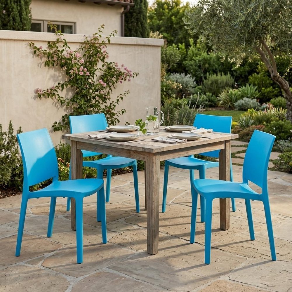 Set of Four Blue Heavy Duty Plastic Outdoor Stacking Dining Chairs HomeRoots