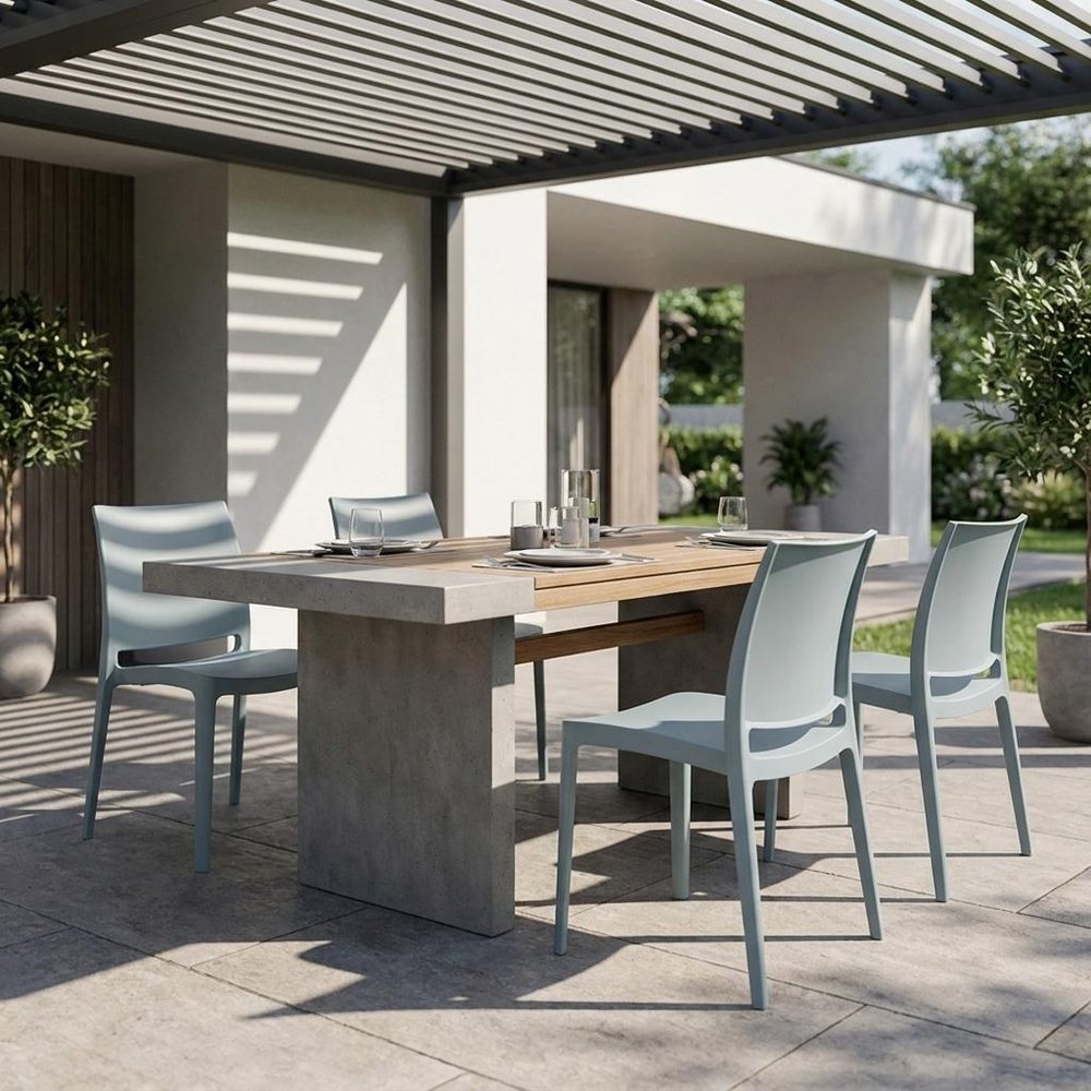 Set of Four Baby Blue Heavy Duty Plastic Outdoor Stacking Dining Chairs HomeRoots