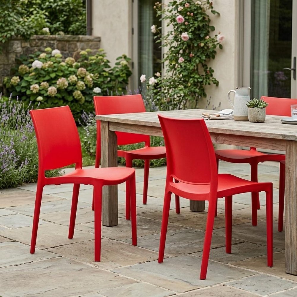 Set of Four Red Heavy Duty Plastic Outdoor Stacking Dining Chairs HomeRoots