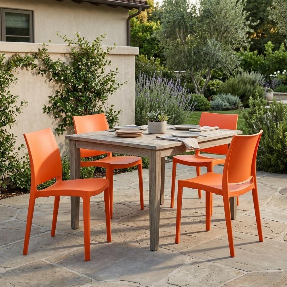 Set of Four Orange Heavy Duty Plastic Outdoor Stacking Dining Chairs HomeRoots