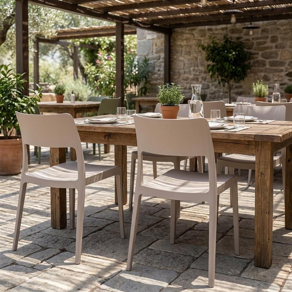 Set of Two Taupe Heavy Duty Plastic Outdoor Stacking Accent Chairs HomeRoots