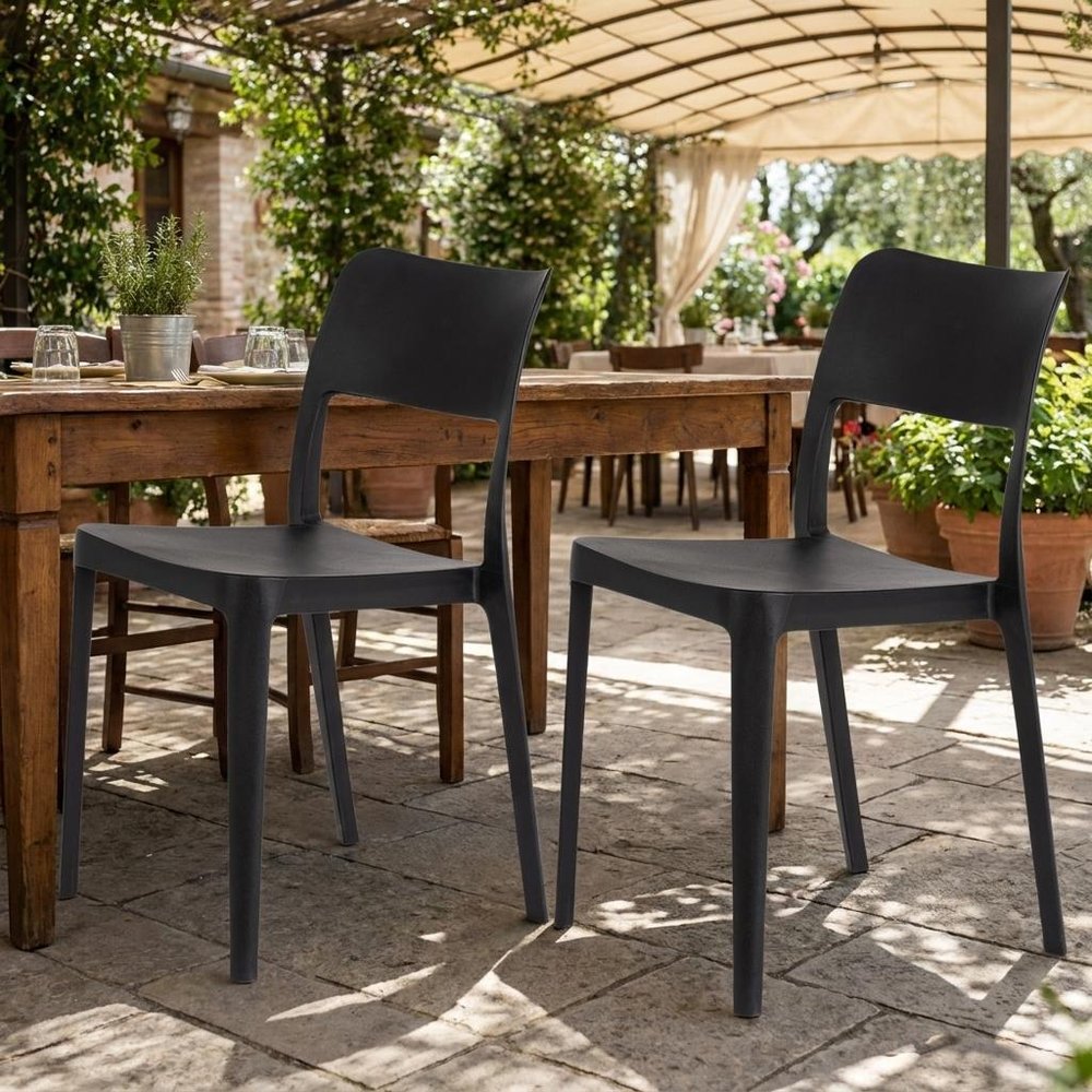 Set of Two Black Heavy Duty Plastic Outdoor Stacking Accent Chairs HomeRoots