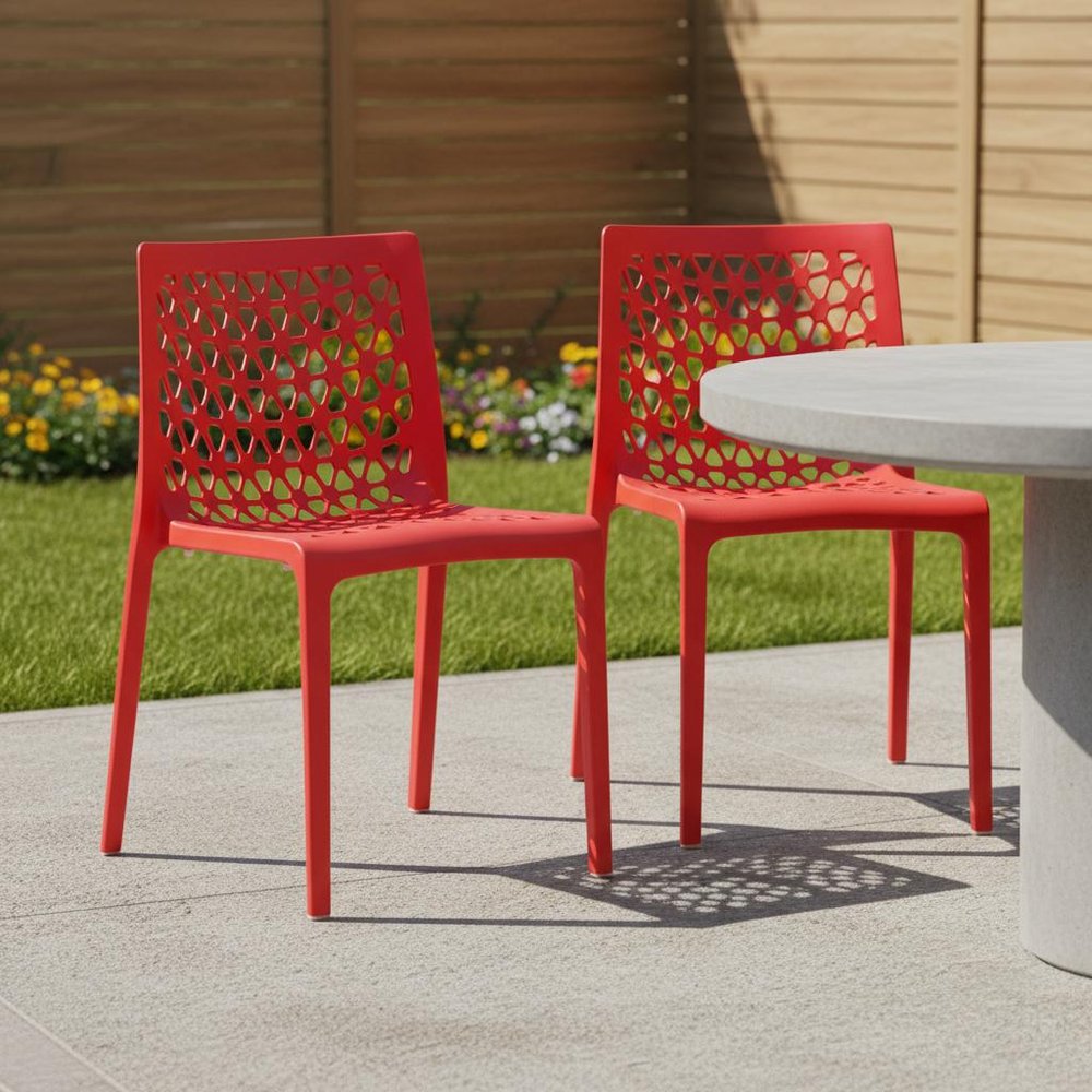Set of Two Red Heavy Duty Plastic Outdoor Stacking Dining Chairs HomeRoots