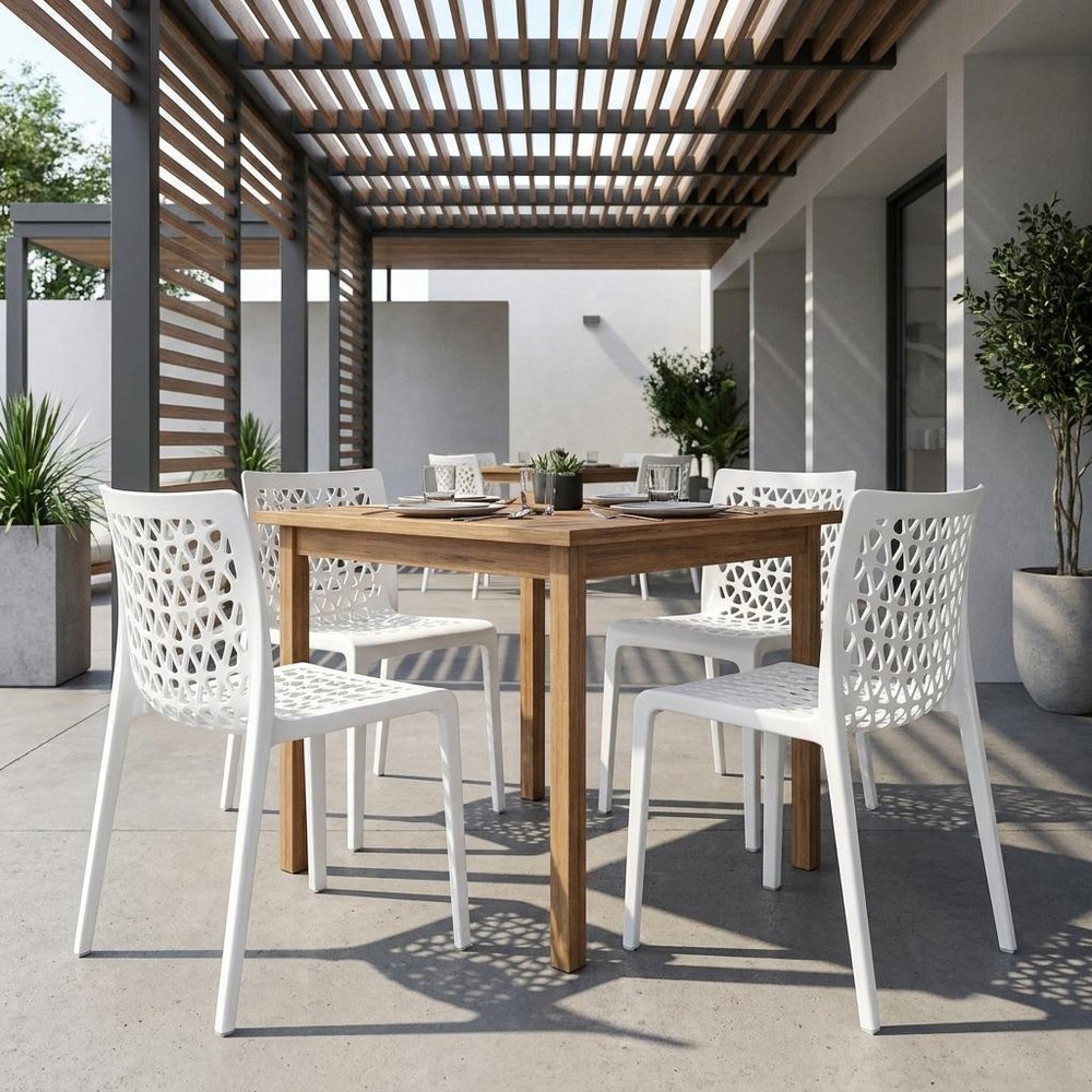 Set of Two White Heavy Duty Plastic Outdoor Stacking Dining Chairs HomeRoots