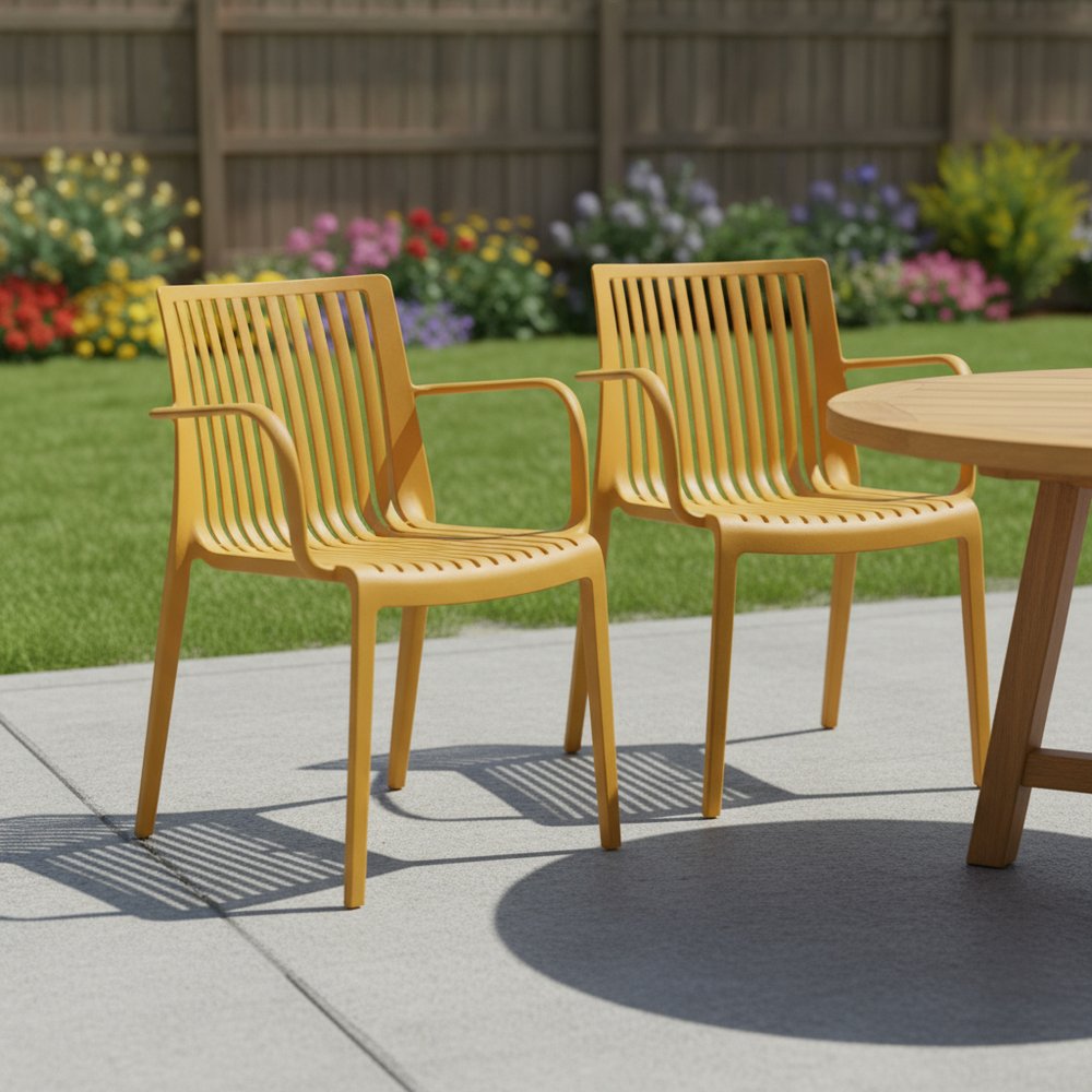 Set of Two Yellow Heavy Duty Plastic Outdoor Stacking Arm Chairs HomeRoots