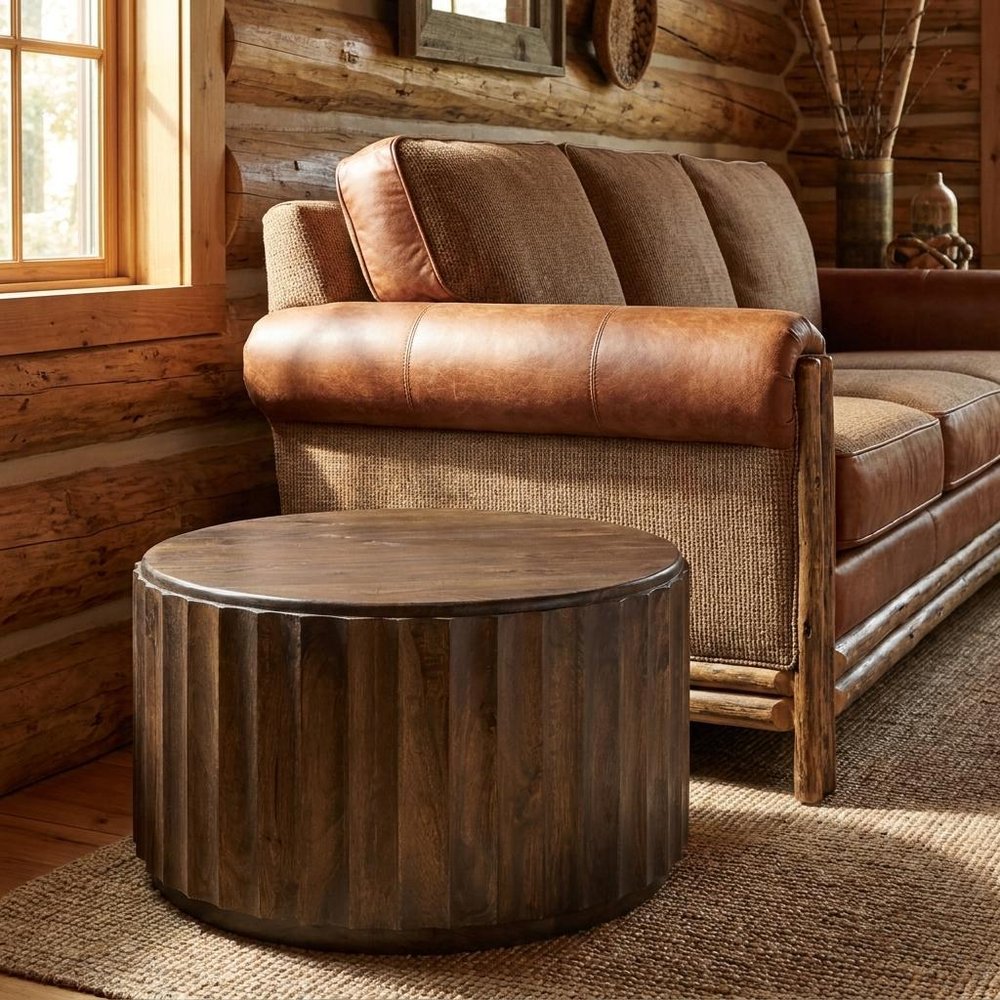 36" Brown Solid Wood Round Drum Coffee Table HomeRoots
