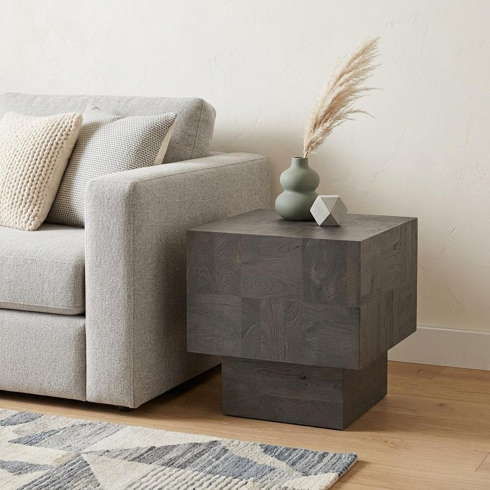 22" Gray Distressed Solid Wood Square Block End Table