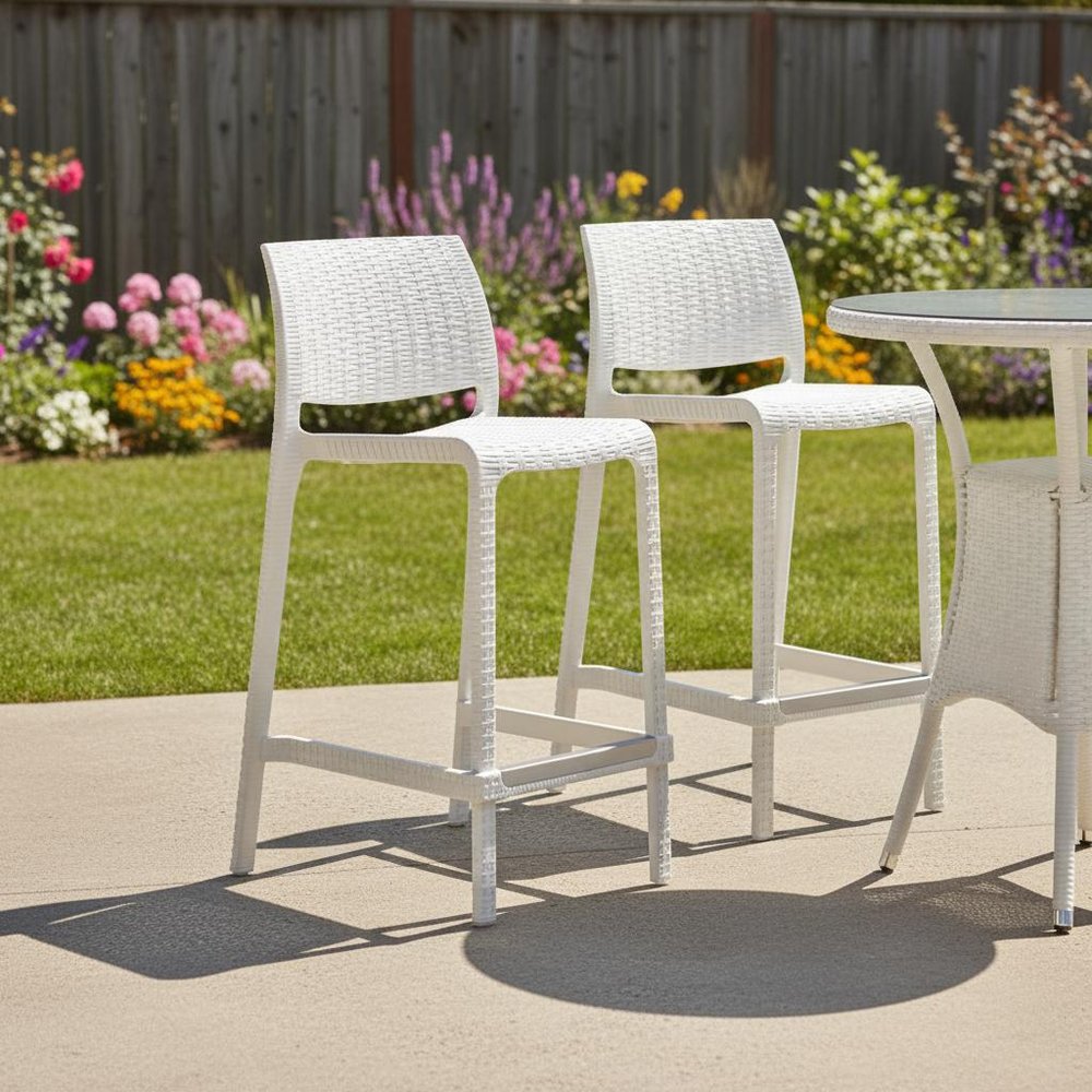 Set of Two 26" White Faux Rattan Low Back Outdoor Counter Height Bar Chairs HomeRoots