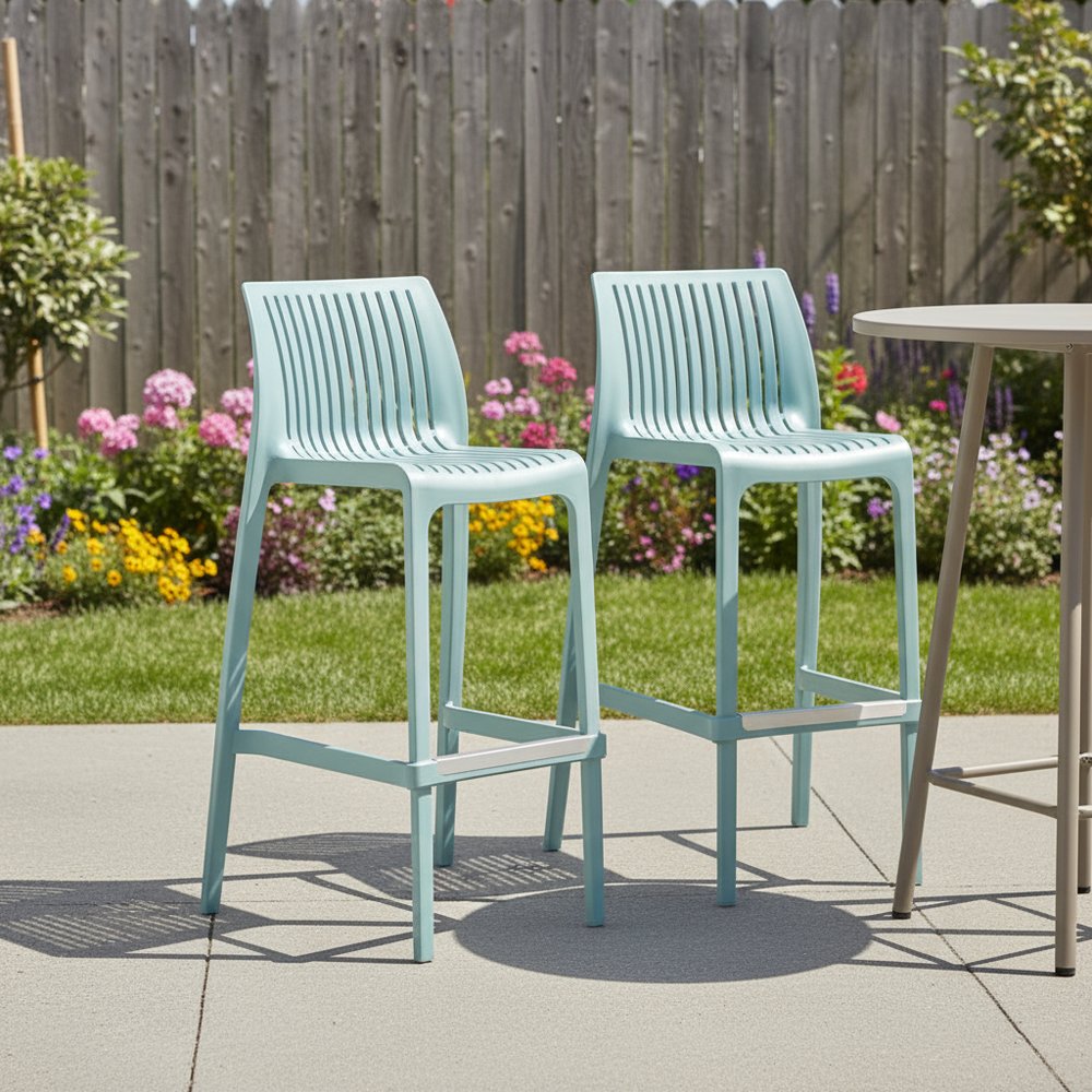Set of Two 30" Baby Blue Heavy Duty Plastic Low Back Outdoor Bar Height Chairs HomeRoots