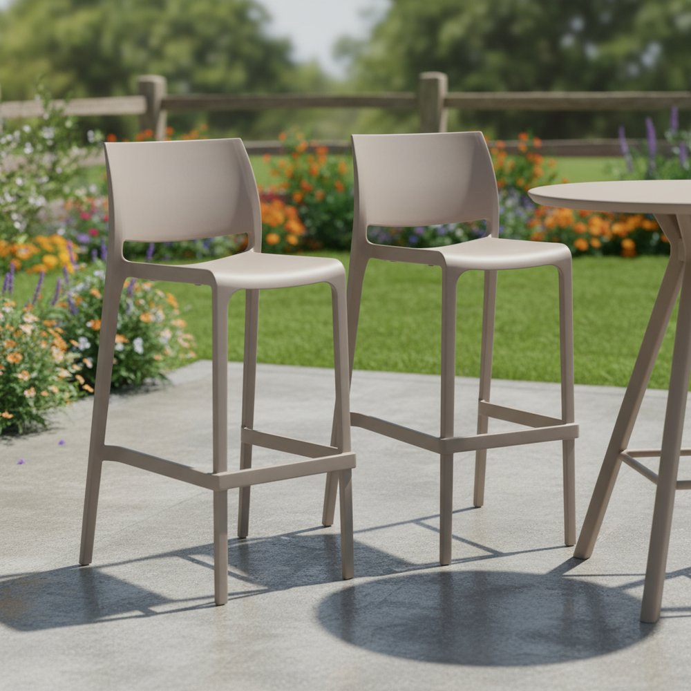 Set of Two 30" Taupe Heavy Duty Plastic Low Back Outdoor Bar Height Chairs HomeRoots