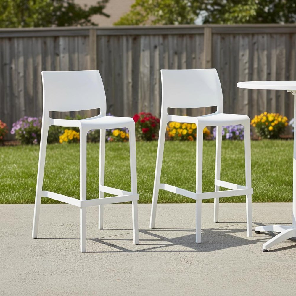 Set of Two 30" White Heavy Duty Plastic Low Back Outdoor Bar Height Chairs HomeRoots
